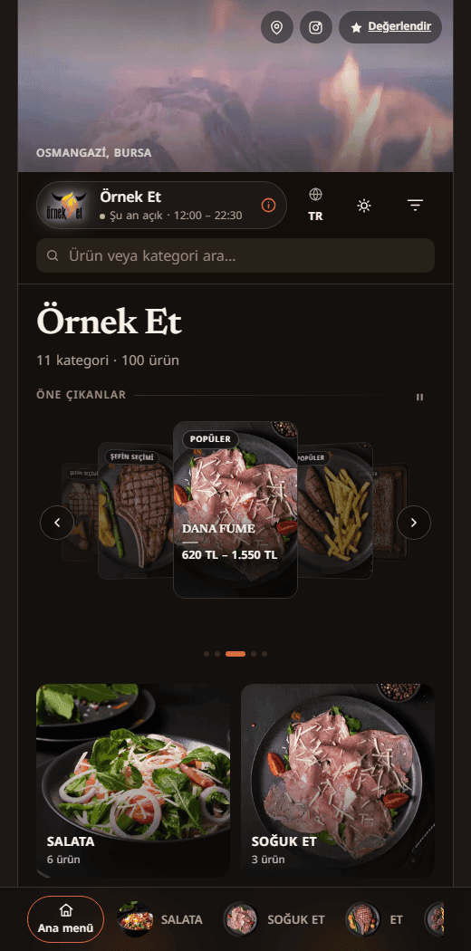 cepte.menu ana menü ekranı